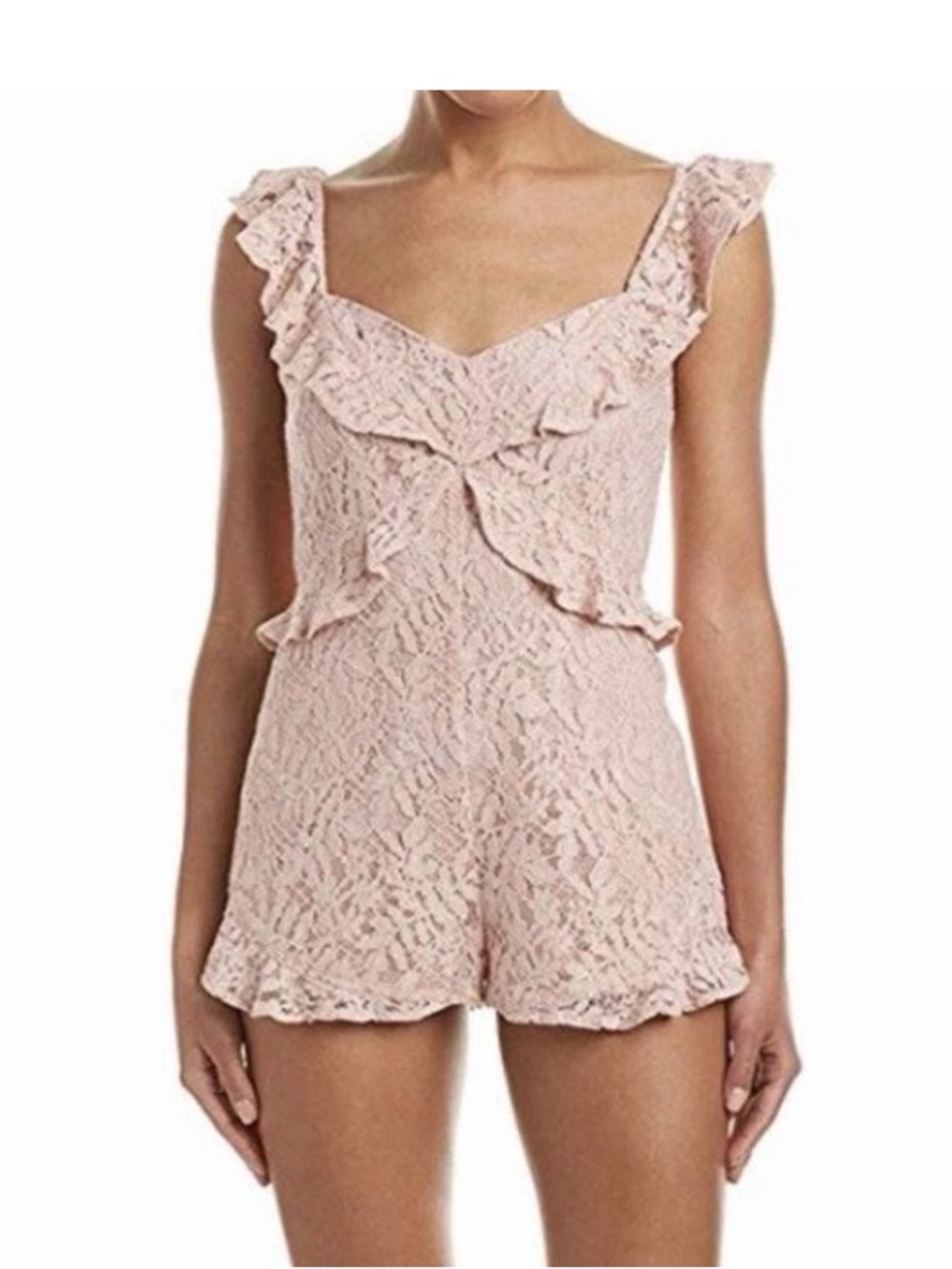 BCBGeneration Pink Floral Lace Ruffle Romper Sleeveless Sweetheart Neck